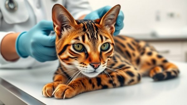 Bengal cat being examined by a vet for spay/neuter complications.