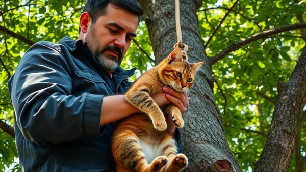 Rescuer demonstrates cat rescue strategies in trees, lush foliage.