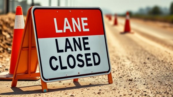 San Bernardino lane closure advisory sign on a dusty road.