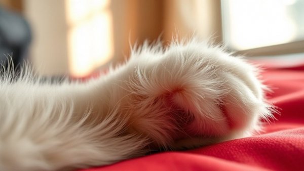 Close-up of cat paw on red fabric, highlighting texture.