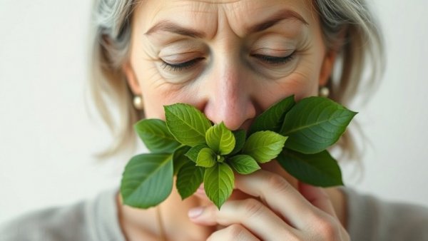Middle-aged woman with greens covering mouth, decline of veganism concept.
