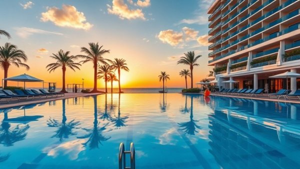 Luxurious poolside view at Coconut Grove resort during sunset.