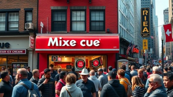 Mixue Ice Cream NYC shop with crowd on busy street corner.