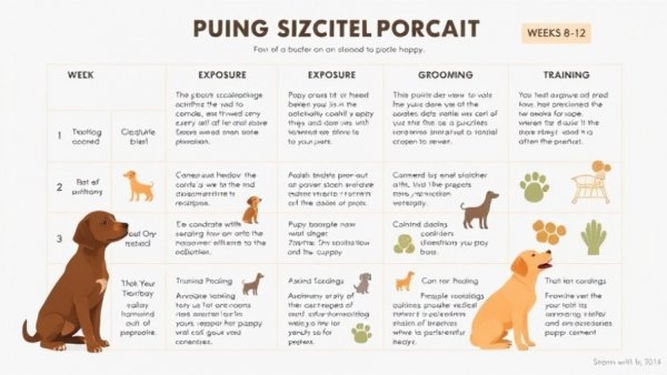 Socialization chart detailing steps for puppies aged 8-12 weeks.