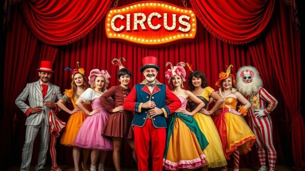 Mr. Swindle’s Peculiarium performers in colorful costumes under vintage sign.