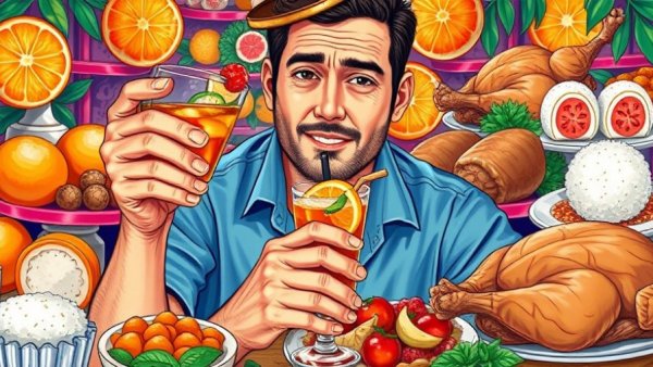 Illustration of a person with food, inspired by Max Tani Grub Street Diet.