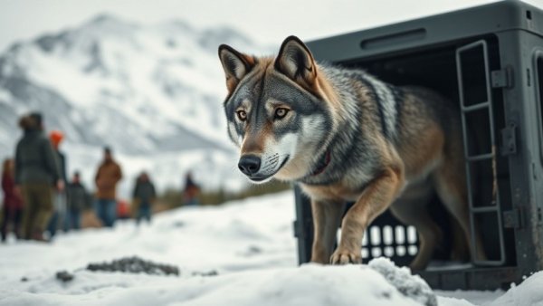 Gray wolf emerging from crate in Colorado, surrounded by people and snow.