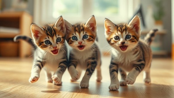 Playful kittens frolicking indoors, showcasing early kitten age behavior.