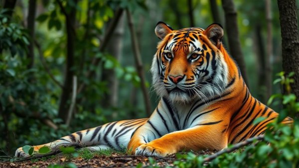 Bengal tiger resting in jungle, lush forest vivid daylight scene.