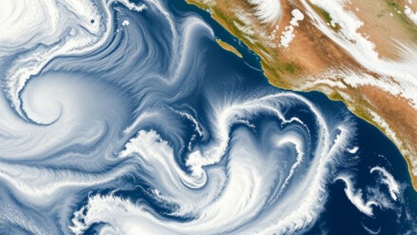 Satellite view shows Baja wind patterns with cloud formations and data overlay.