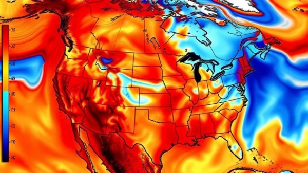 Weather map showing Warm West Cool East dipole with vibrant red and blue.