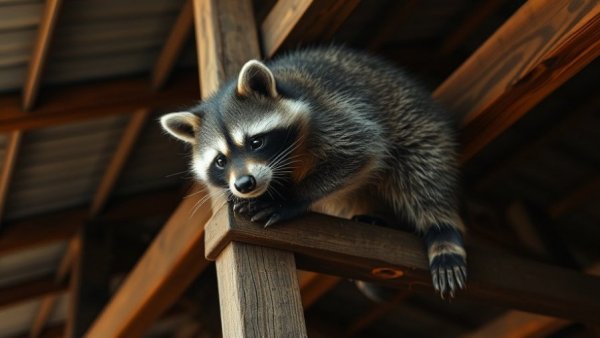 Raccoon adapting to city life, exploring ceiling rafters.