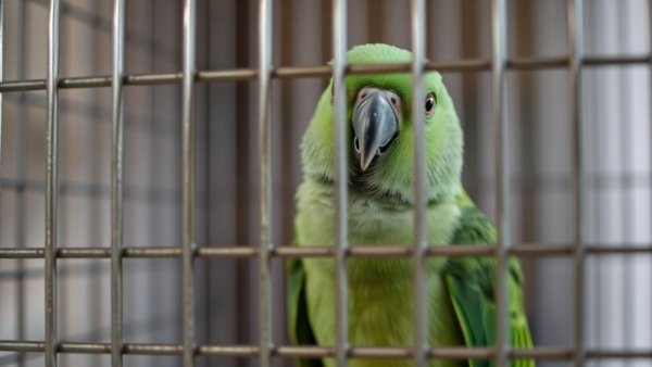 Caged green parrot illustrating wildlife trafficking California.