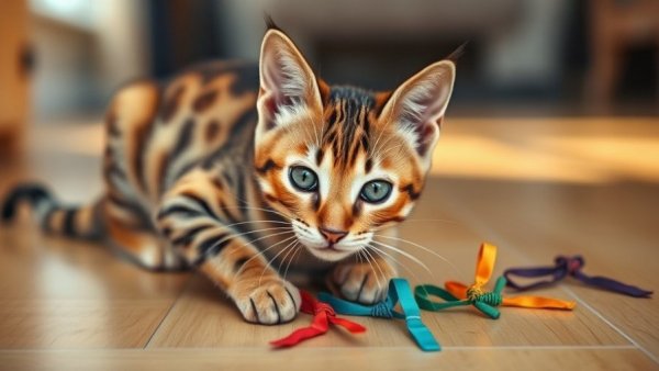 Curious Bengal cat plays with colorful hair ties on the floor.