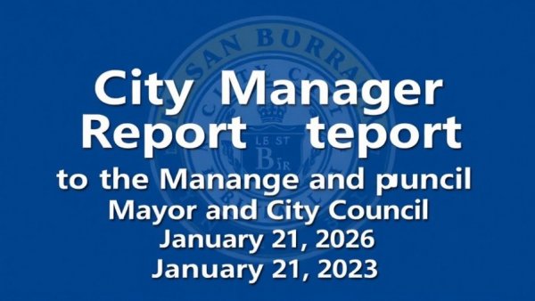 San Bernardino city emblem with council report text for January 2026 update.