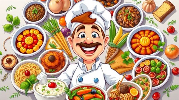 Queer dining experience, animated chef surrounded by colorful cuisine.