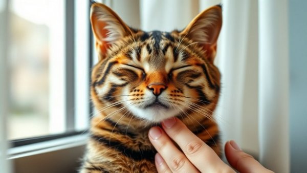 Tiger-striped cat enjoying chin petting, illustrating Why Some Cats Never Purr.