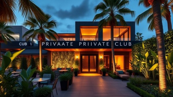 Elegant exterior of Fort Lauderdale private members club with lush greenery.