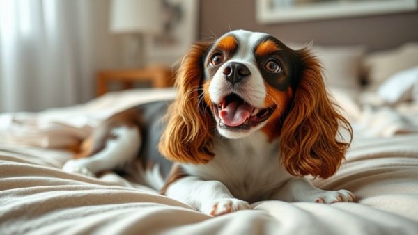Cavalier King Charles Spaniel playing on bed for dog dental care tips.