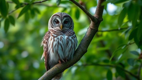 Barred owl perched in a lush forest related to culling plan.