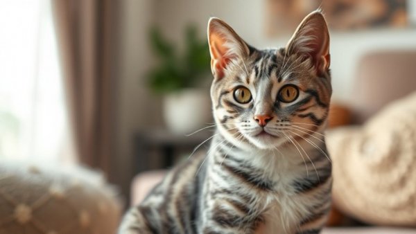 Gray and white cat with unique markings sitting indoors, promoting special needs cat adoption.