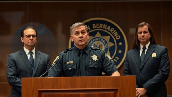San Bernardino police officer discusses public safety funding indoors.