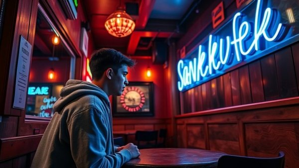 Cozy restaurant scene with neon lights, capturing the essence of sizzling sisig and karaoke night.