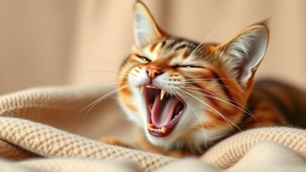 Cat hissing on a beige blanket with an alert expression