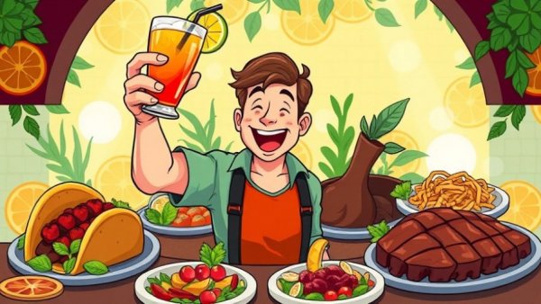 Illustration for Gourmet Magazine Relaunch with vibrant food and drink scene.