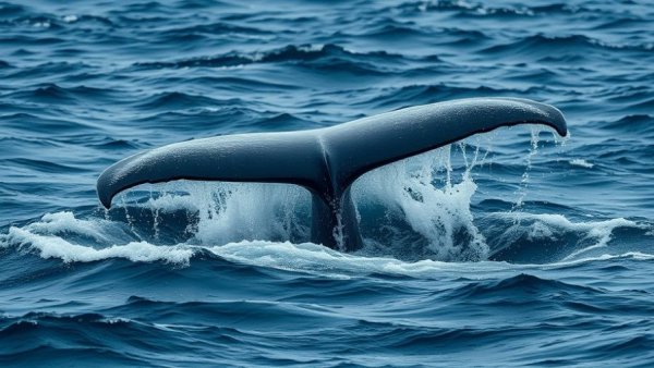 Whale tail in turbulent ocean, highlighting threats from krill fishing.