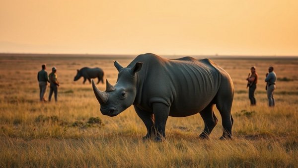 Conservation efforts save Kenyan rhinos in serene savannah.