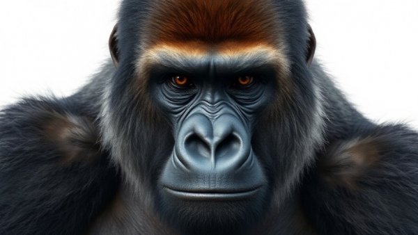 Close-up of a majestic gorilla with neutral expression.