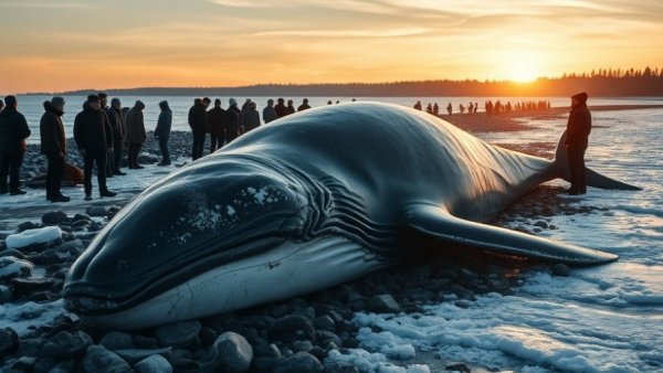Dead whale on rocky shore with people, winter sunset, whale disposal scene.
