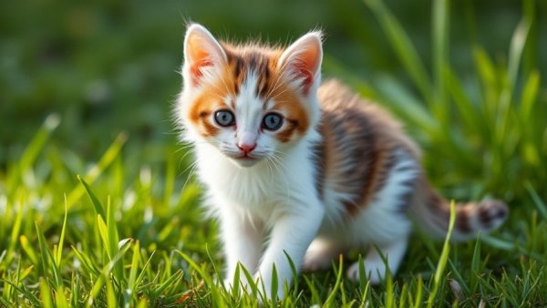 Feral kitten standing in grass, showcasing survival skills.