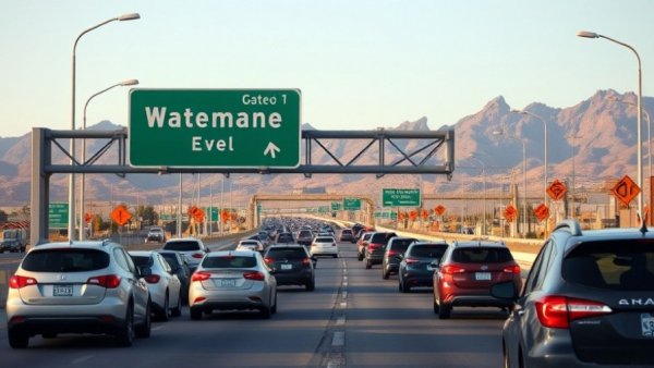 Cars on Waterman Avenue offramp, mountain view, clear sky.