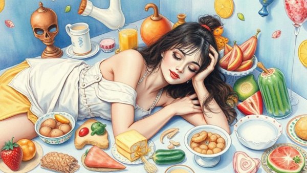 Surreal watercolor of a woman avoiding lamb amidst eclectic foods.