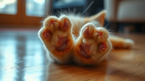 Close-up of fluffy orange cat paws on floor, worst cat breeds for first-time owners.
