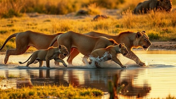 Pride of lions crossing water in savannah at sunset.