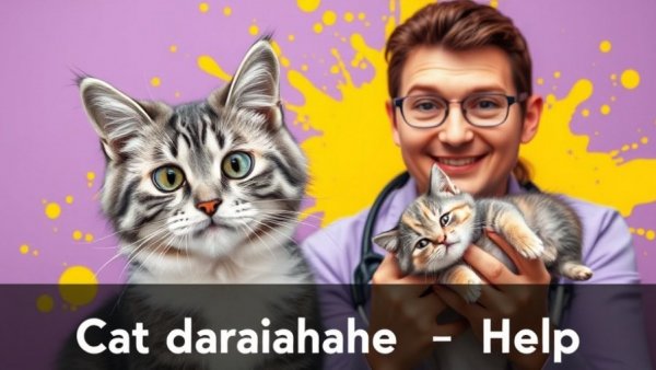 Concerned cat and smiling vet with cat diarrhea text overlay.
