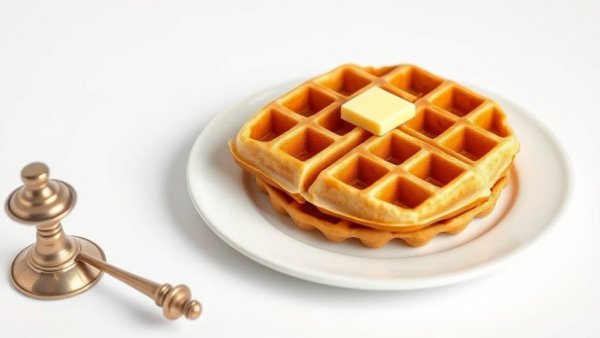 Perfectly baked Belgian waffle with syrup bottle, Wait 8 Hours for Waffles.