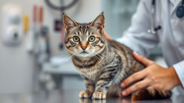 Veterinarian examining gray tabby cat, highlighting dangers of string for cats.