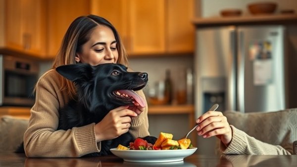 Warm cozy scene of woman and dog sharing winter nutrition tips in kitchen.