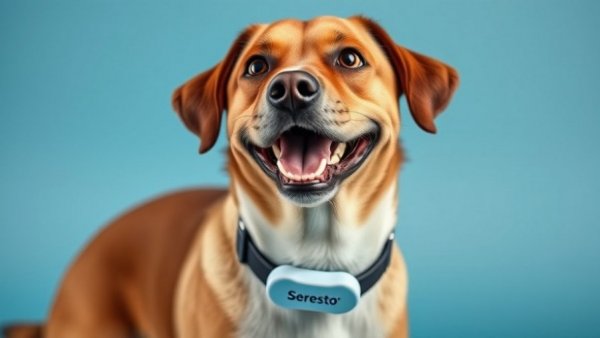 Dog with Seresto collar for dogs showcasing product info.