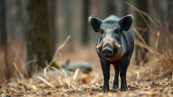 Wild boar standing in natural habitat, highlighting rodenticides impact on wildlife.
