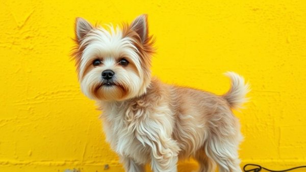 Cute dog against yellow wall showcasing superhero inspired dog names.