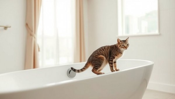 Curious tabby cat observing bathtub in bright bathroom setting.
