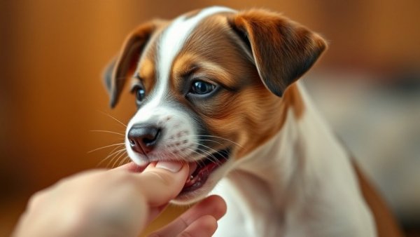 Playful puppy nibbling hand with '300 Funny Dog Names' text.
