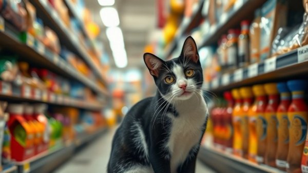 Curious bodega cat sitting amid colorful shelves, warm inviting atmosphere.