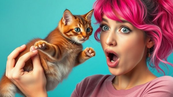 Surprised woman holding a cat, turquoise background.