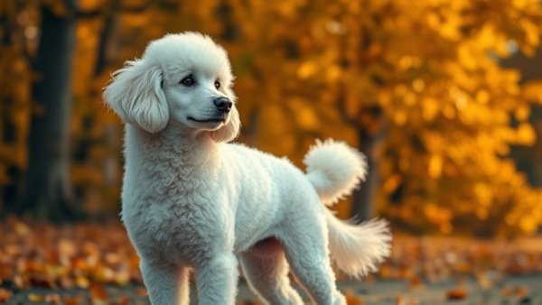 A fluffy white poodle in a serene autumn setting with vibrant leaves.